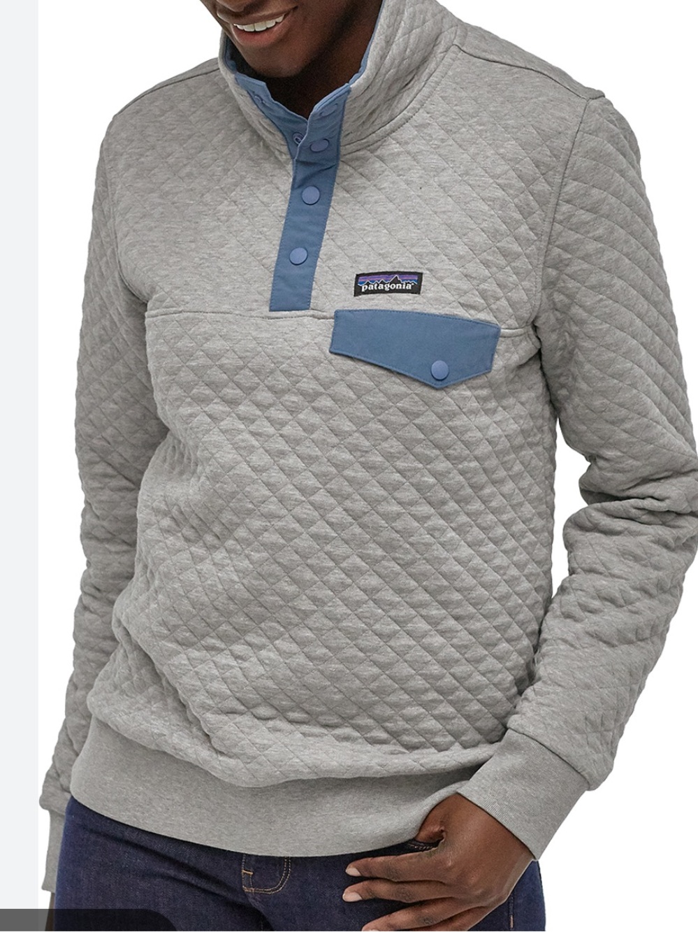 Patagonia cotton Quilted Snap-T Pullover in Light Gray with Blue Accents